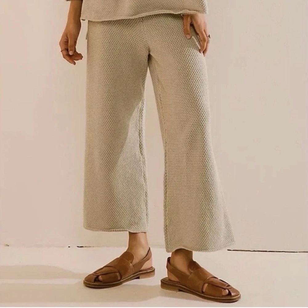 Free People FP Beach Hailee Sweater Pants Waffle Knit Wide Leg Crop Boho Size L